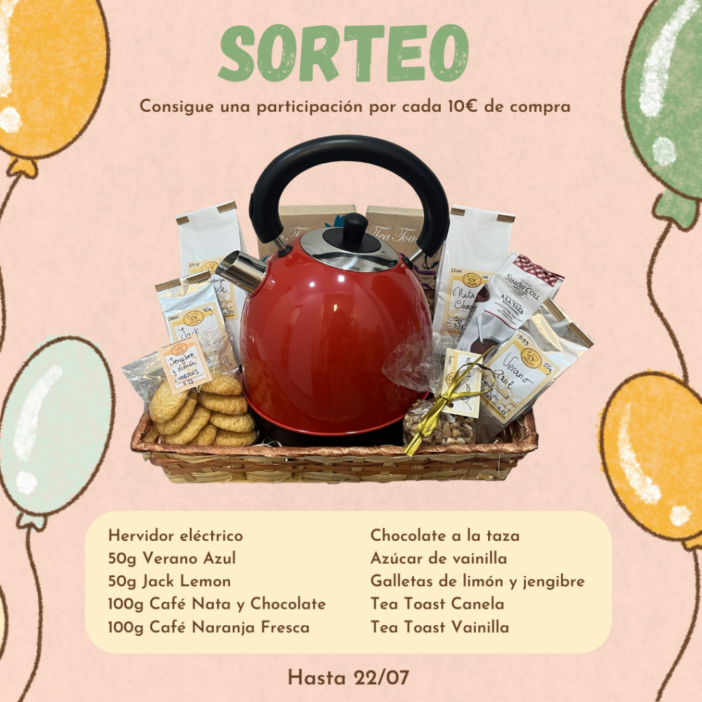 Sorteamos una Cesta de productos por nuestro 13º Aniversario. Un hervidor eléctrico, galletitas, azúcar, cafés, tés, chocolate... Por cada 10€ obtienes 1 participación.